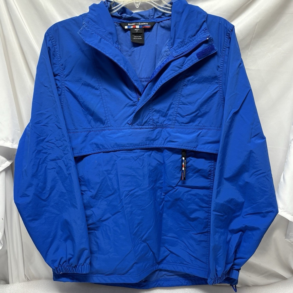 Against The Elements Jacket Mens Small Blue Hooded Pullover Windbreaker Nylon